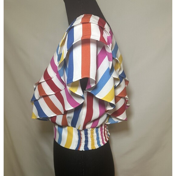 COLOR‎ ME COURTNEY Holly Ruffle Colorful Rainbow Crop Top 4 - Picture 4 of 12